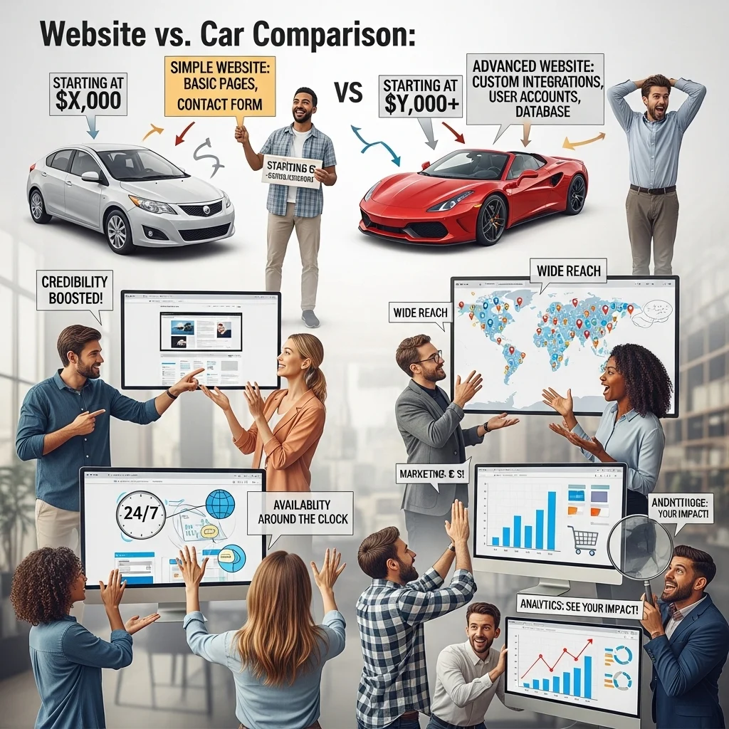 Illustration comparing buying a website to buying a car, showing simple vs advanced features.