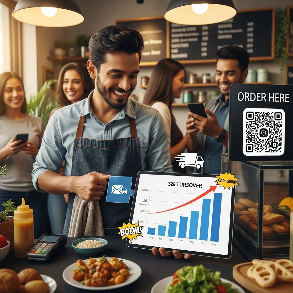 Ilustrasi UMKM kuliner dengan grafik omzet meningkat tiga kali lipat, serta elemen digital seperti pemesanan online dan pembayaran otomatis.