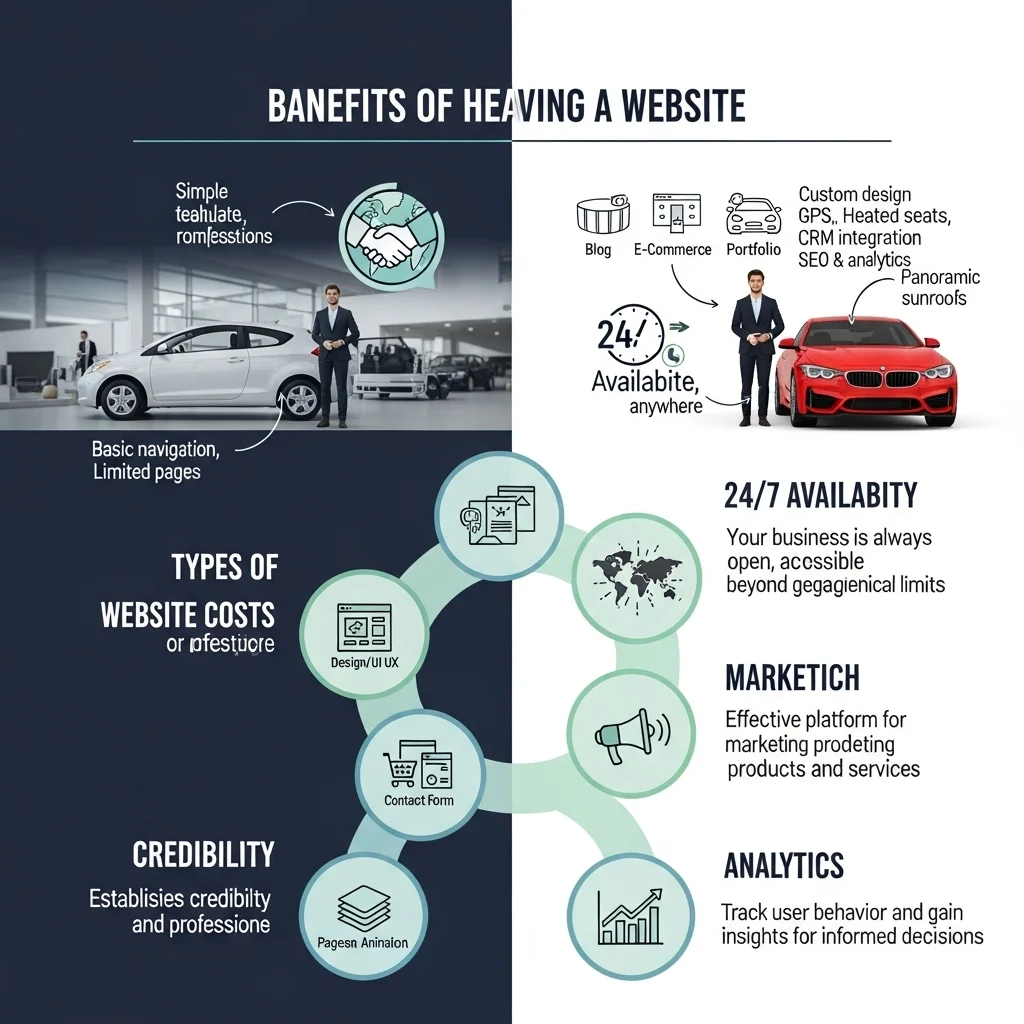 Graphic showing benefits of having a website such as credibility, 24/7 availability, wide reach, marketing, and analytics.