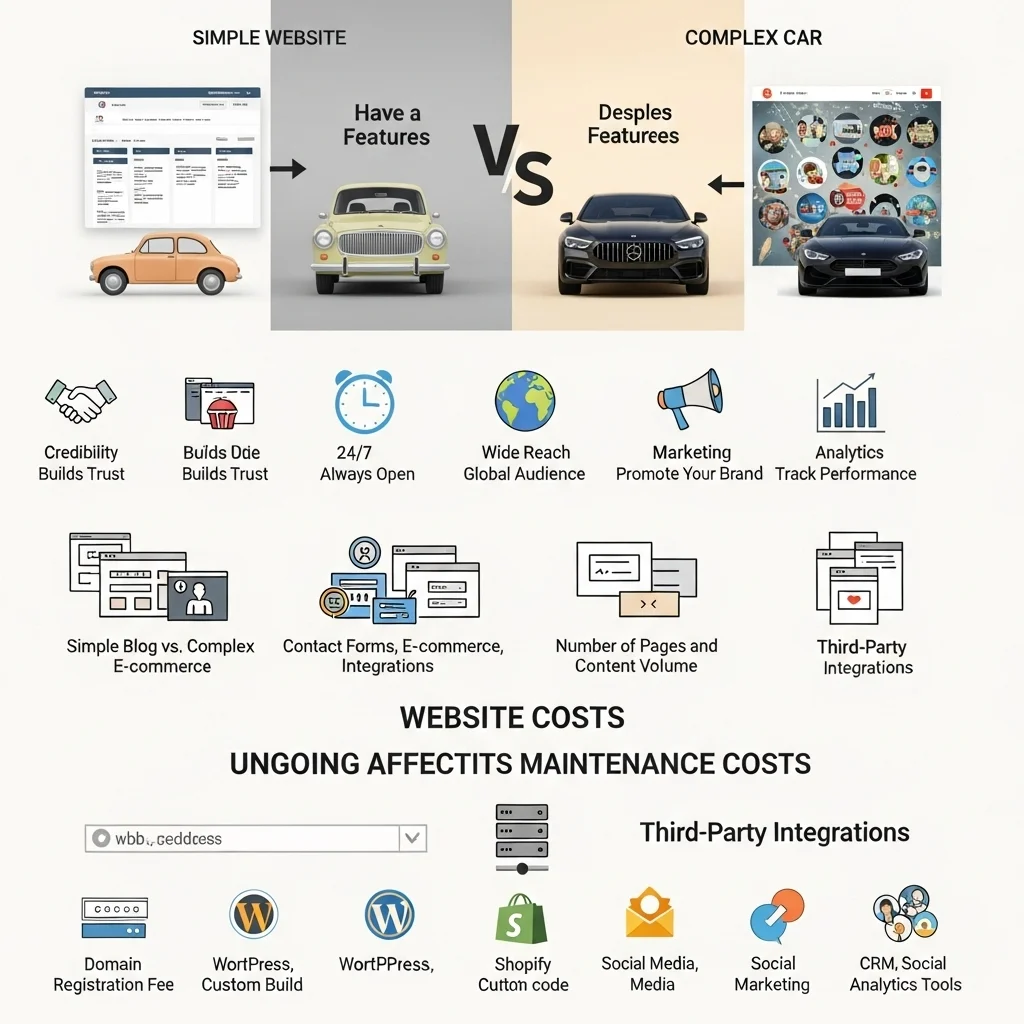 Visual representation of factors affecting website costs: types of website, design/UI UX, features, pages and content, platform, and third-party integrations.