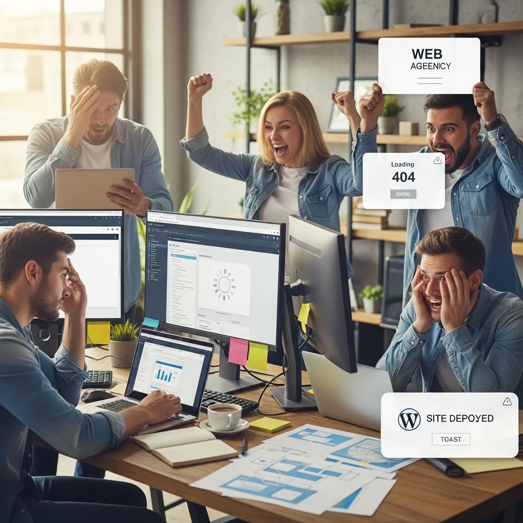 Conceptual image of website security and features: SSL certificate as a bodyguard, contact forms, social media integration icons, and maintenance tools.