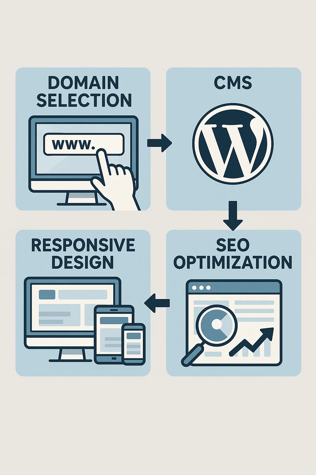 Creative image showing a step-by-step easy website creation process with domain selection, CMS like WordPress, responsive design, and SEO optimization.