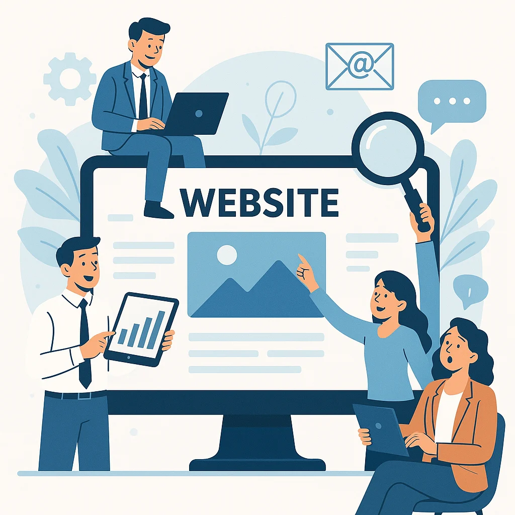 Illustration of a professional business team working together on a website with digital devices, symbolizing the importance of a website for companies with employees.