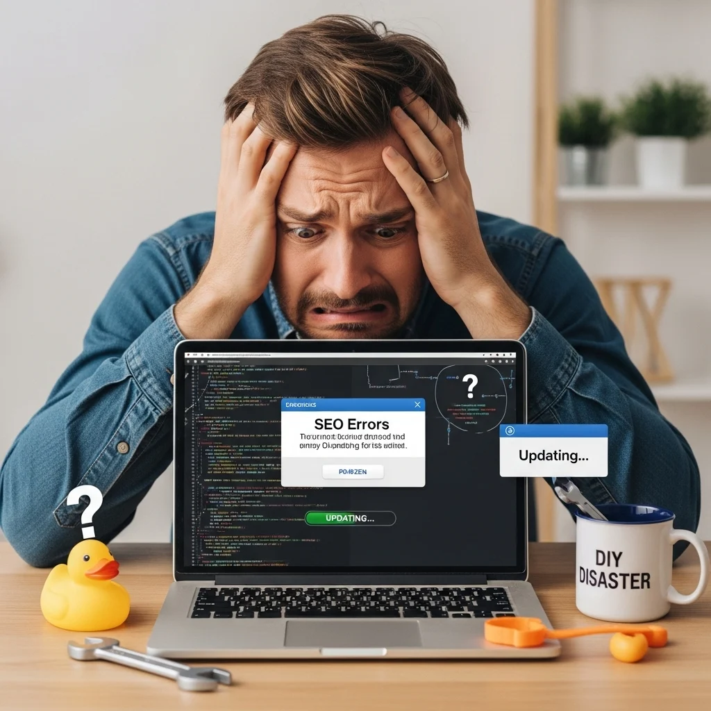 A freelancer struggling with DIY dynamic website issues (glitches, difficult SEO, update challenges), emphasizing the cautionary tale about website building.