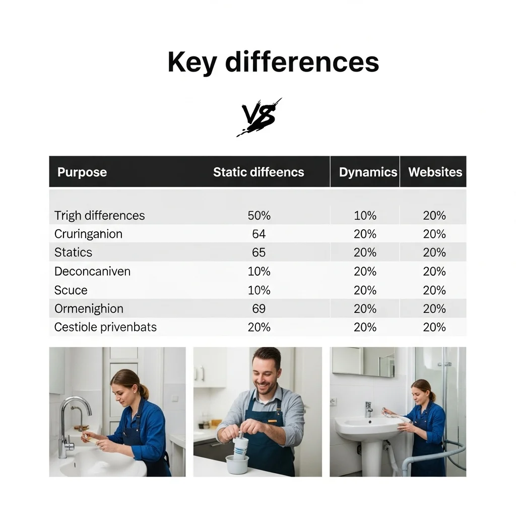 A comparison table visualizing the key differences between static and dynamic websites, highlighting features like speed, maintenance, technology, user interaction, and SEO.