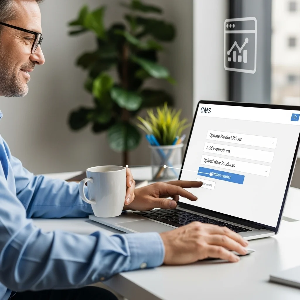 Visual representation of a business owner easily managing a CMS dashboard, updating product prices, adding promotions, and uploading new products without coding.