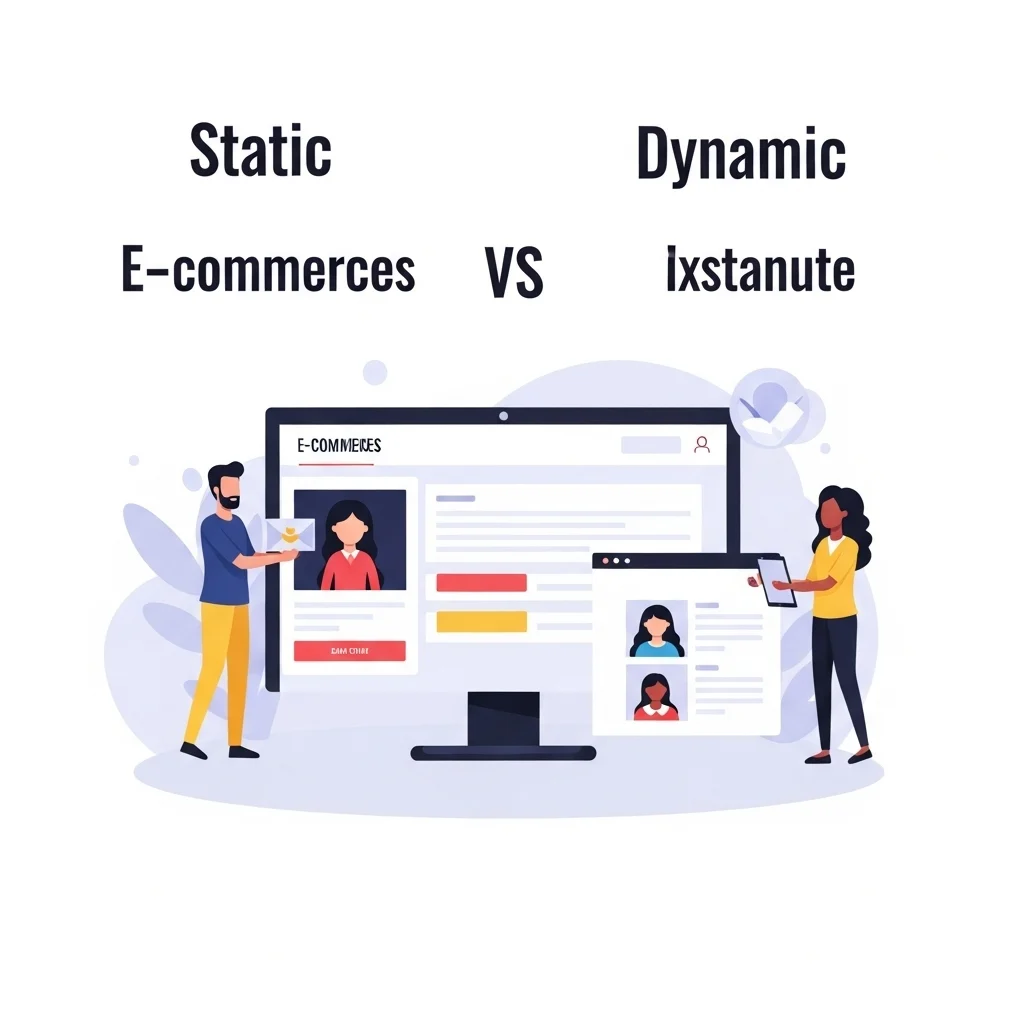 Ilustrasi perbandingan web statis dan web dinamis, dengan contoh web e-commerce yang tampil berbeda untuk tiap pengguna.