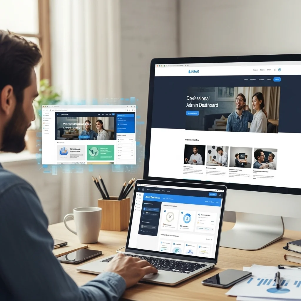 Gambaran bisnis jasa yang menggunakan website dinamis dengan fitur dashboard admin untuk update konten, personalisasi, dan tampilan profesional.