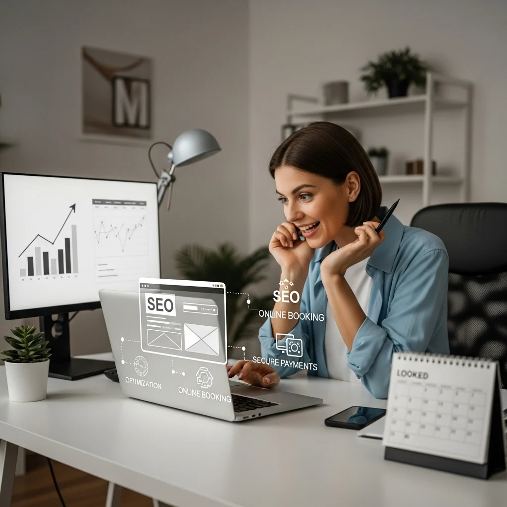 Visualisasi optimasi SEO dan fitur fleksibel seperti booking online dan pembayaran yang mendukung pertumbuhan bisnis jasa.