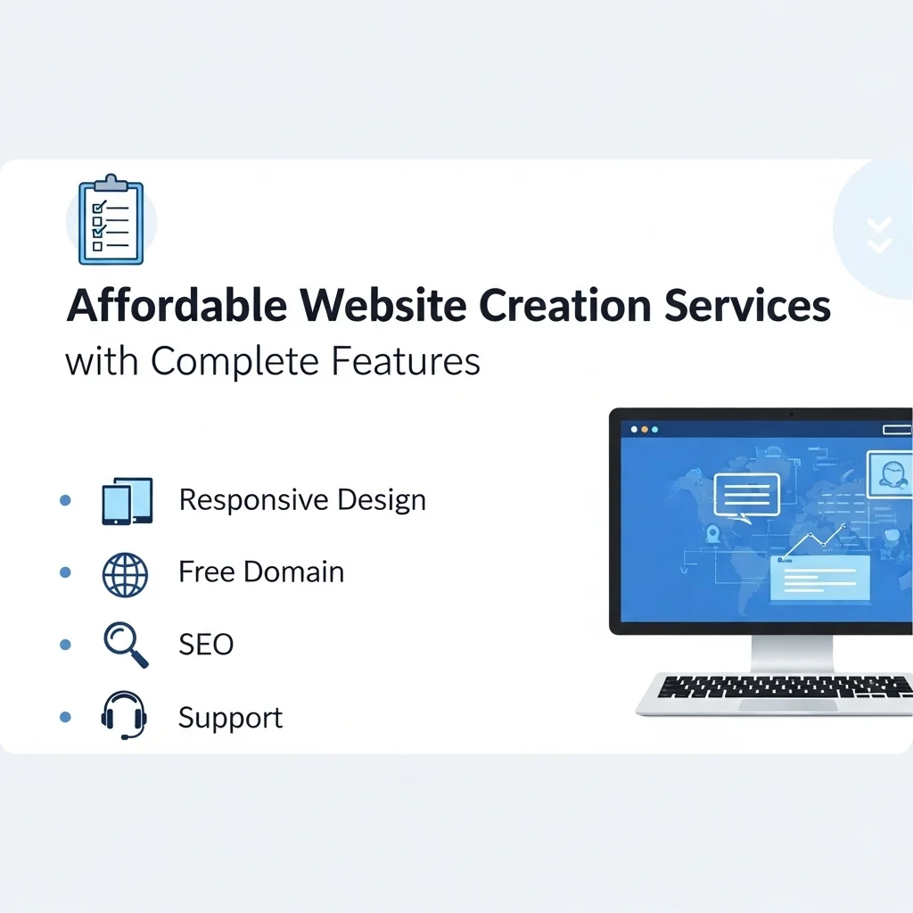 Tampilan layanan jasa pembuatan website murah dengan fitur lengkap seperti desain responsif, domain gratis, SEO, dan support.