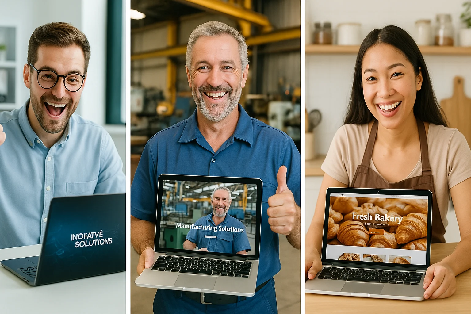 Success stories montage featuring different businesses (startup tech, manufacturing, and UMKM) happily thriving using their company websites.