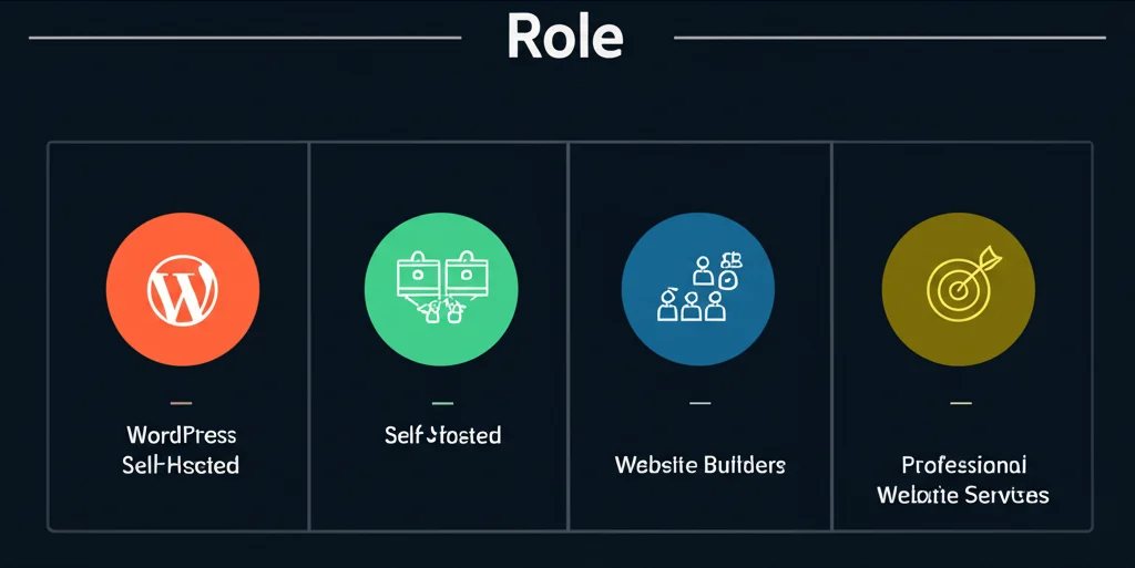 Infografik jelas yang membandingkan biaya dan kecocokan berbagai opsi pembuatan website: WordPress Self-Hosted, Website Builder, dan Jasa Website Profesional, menampilkan kisaran harga dan target pengguna.