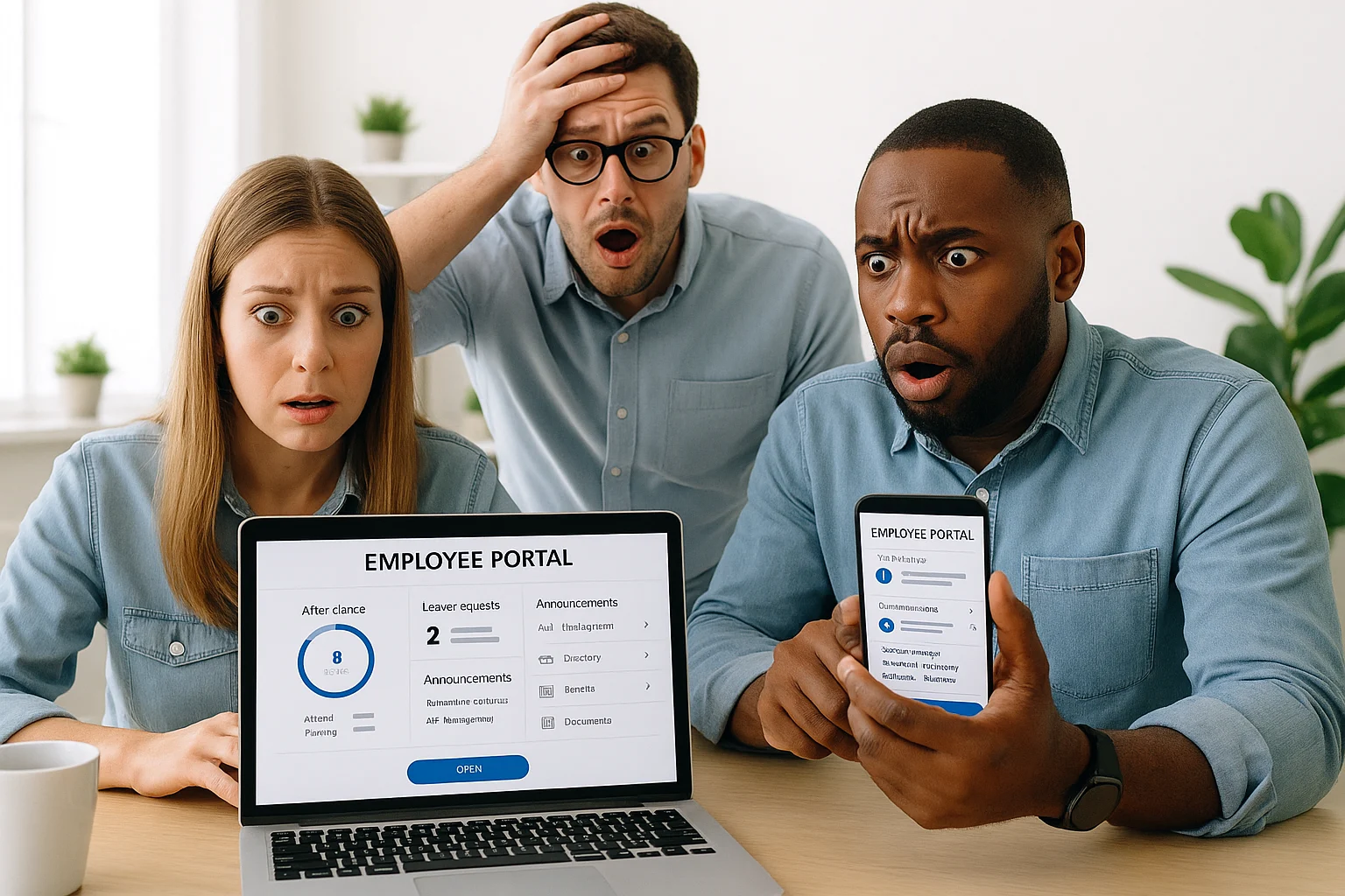 Visualization of employees using a digital internal portal with features like attendance, leave requests, and HR management on their laptops or smartphones.