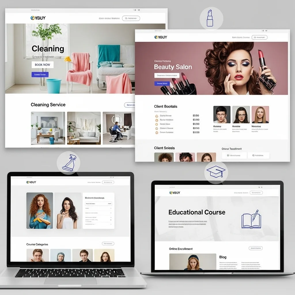 Representasi bisnis jasa sukses seperti jasa kebersihan, salon kecantikan, dan kursus pendidikan yang menggunakan website dinamis secara efektif.