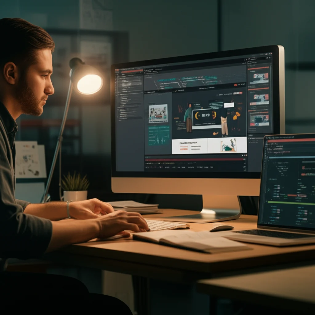 A professional web designer working on a custom company website with coding and design tools around, highlighting the benefits of hiring professionals versus DIY
