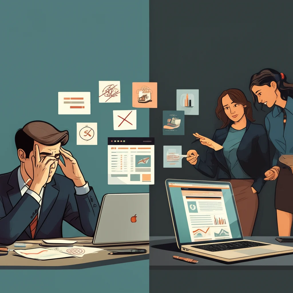 A comparison scene highlighting choosing the right website builder, showing budget plaing, checking portfolios and reviews, and balancing quality and price with satisfied business owners celebrating their successful websites.