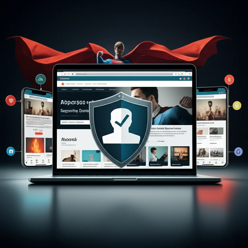 A superhero-themed collage showing essential company website features like responsive design on mobile devices, contact info icons, about us page, product gallery, blog, social media links, security shield, and call-to-action buttons