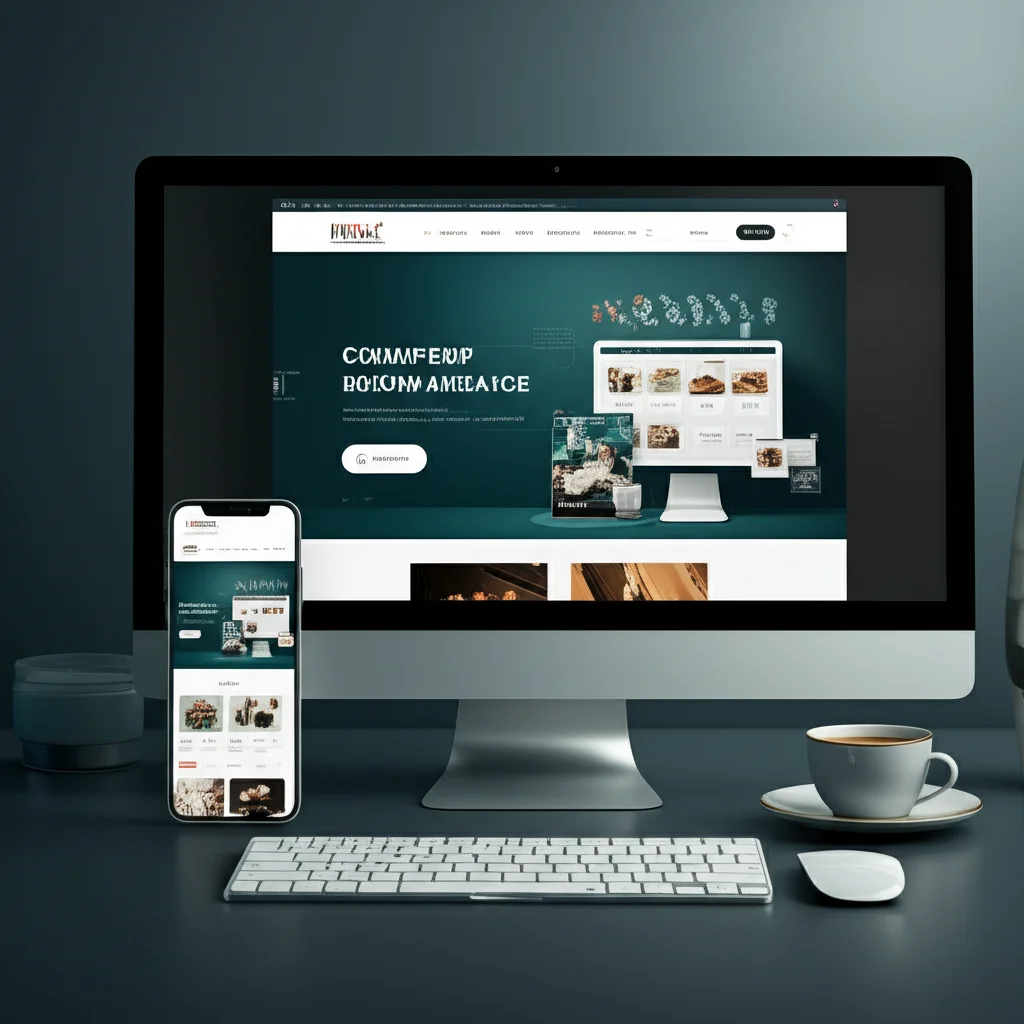 Gambaran website profesional yang menarik dan fungsional, menunjukkan desain yang responsif dan fitur lengkap seperti e-commerce, live chat, dan galeri produk.