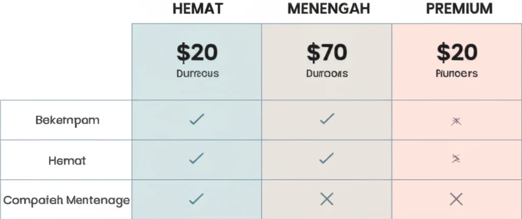 Comparison chart or infographic of the three pricing packages for company profile websites in Indonesia 2025: Hemat, Menengah, and Premium, highlighting features, price ranges, and target business types.