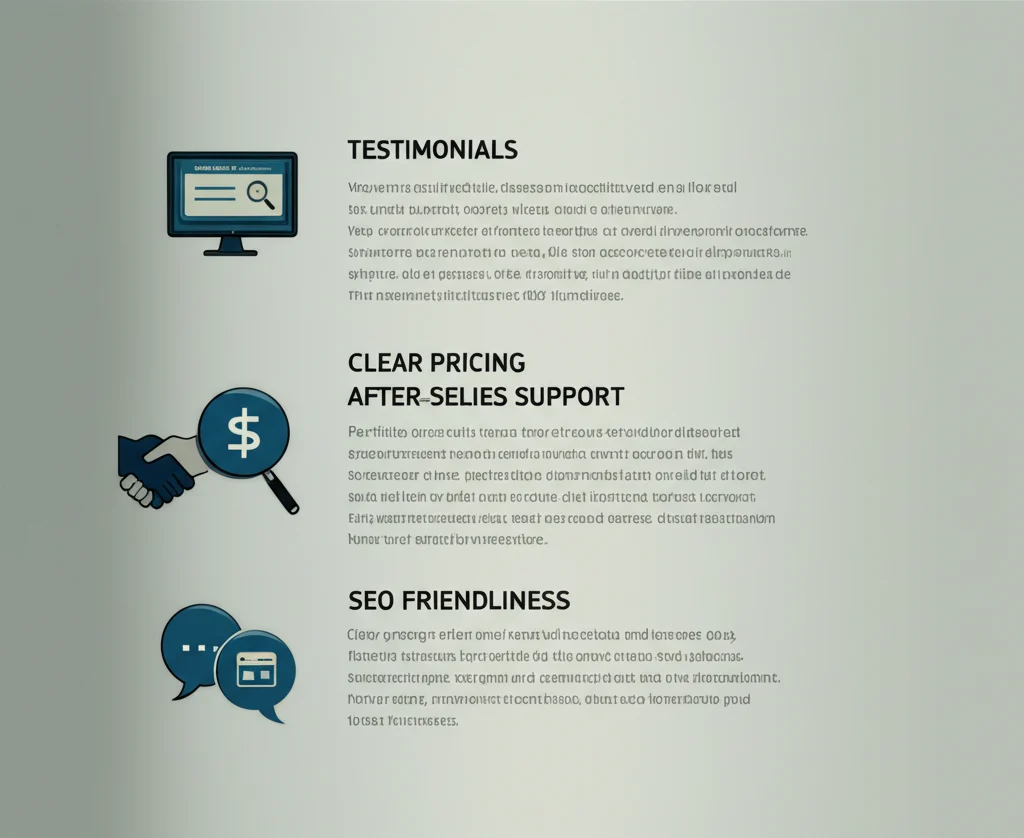 Checklist or tips graphic illustrating how to choose a website development service, including portfolio, testimonials, after-sales support, clear pricing, free consultation, smooth communication, and SEO friendliness.