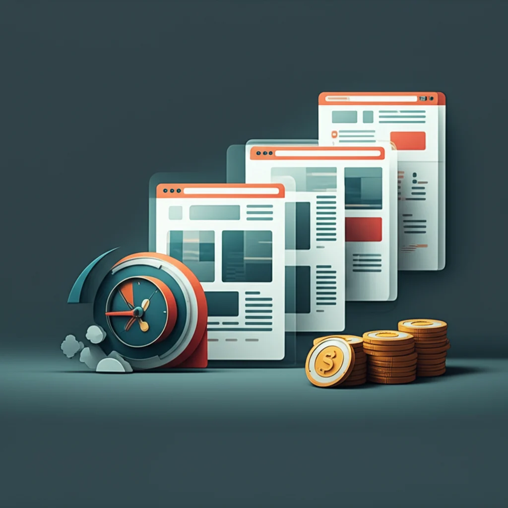 Graphic depicting how to choose the right website service including portfolio, pricing packages, features like CMS and SEO, and fast delivery