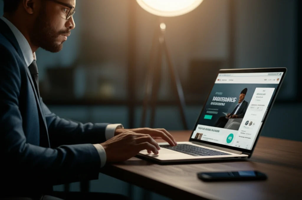 Illustration of a modern business owner looking at a laptop with a website on screen, symbolizing the importance of having a website to keep up with the digital era.