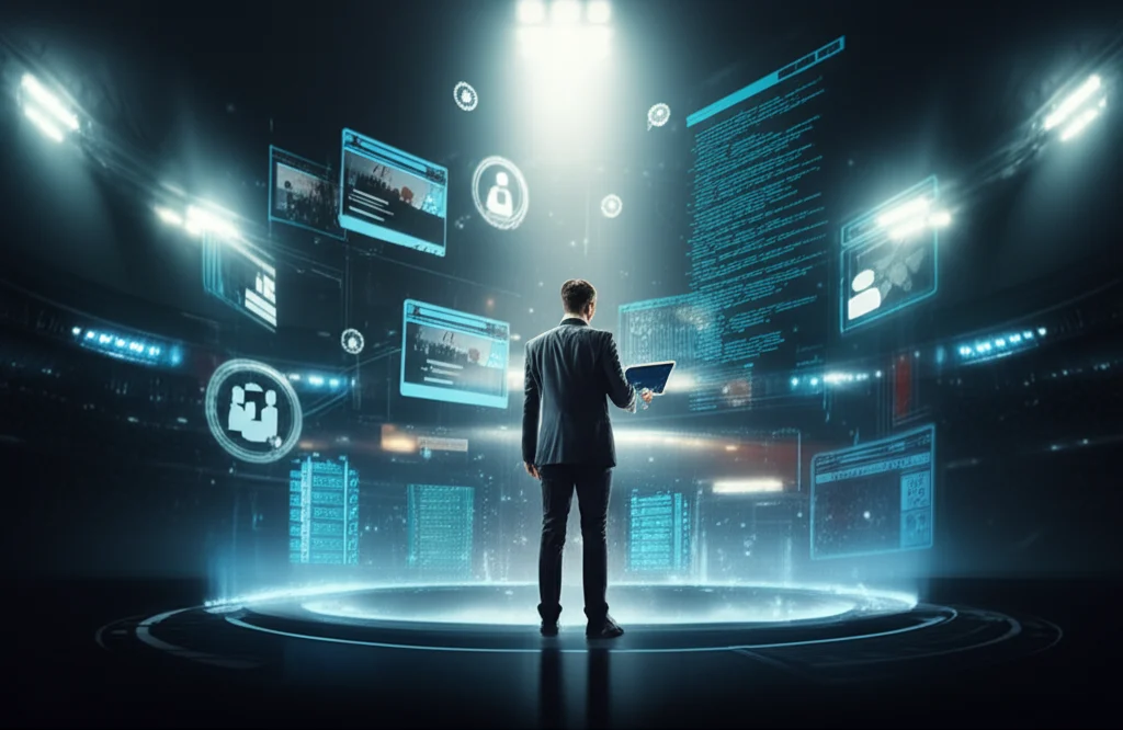 Energetic digital gladiator arena themed illustration showing a person stepping into a modern digital battlefield with a laptop and website elements around, symbolizing starting a company website journey