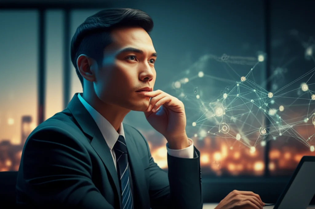 Ilustrasi pengusaha muda mikirin pentingnya punya website bisnis di era digital 2025