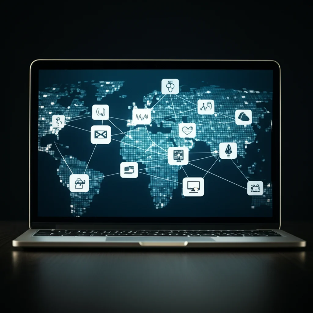 Visualisasi pasar global online, memperlihatkan jangkauan pasar luas dan pelanggan dari berbagai belahan dunia yang mengakses website kapan saja.