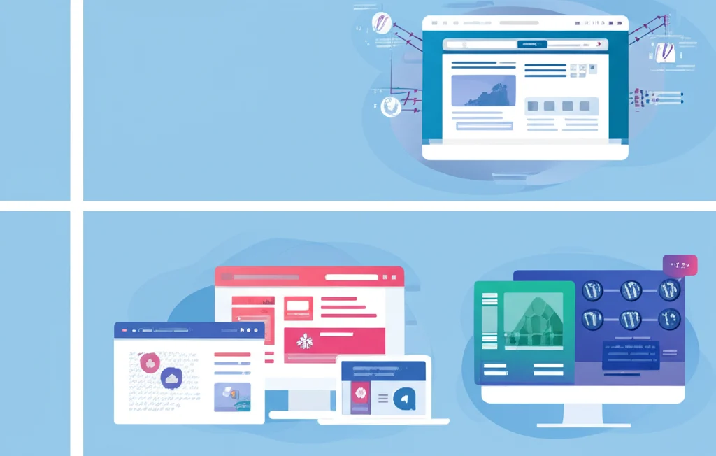 Depiction of different affordable website creation options: drag-and-drop website builders, WordPress self-hosted with themes and plugins, and hiring affordable web service providers.